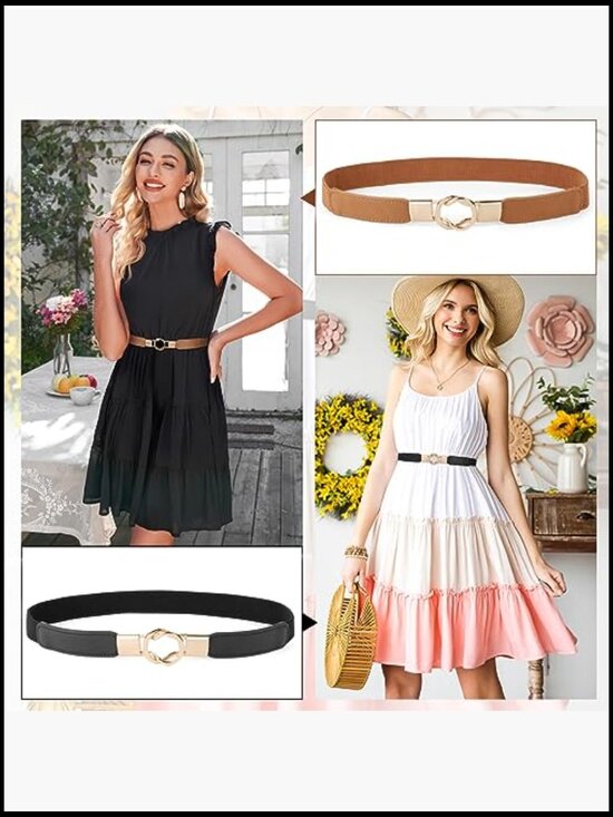 Vintage Stretch Waist Belt Set with Gold Buckle - Elastic Skinny Belts main image 4